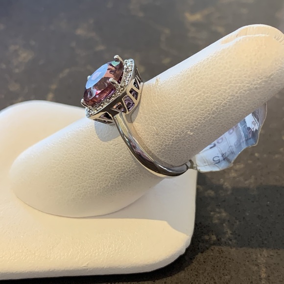 Sterling Silver Synthetic Rhodolite Garnet & Diamond Halo Ring. Size 6.25 - Picture 3 of 4